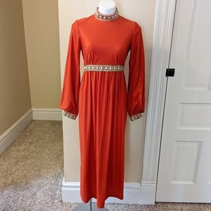 Vintage dark orange red empire waisted full length dress with gold trim size M